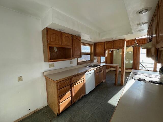 kitchen featuring white dishwasher, stove, sink, and a tray ceiling