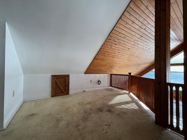 additional living space featuring lofted ceiling, wooden ceiling, and carpet flooring