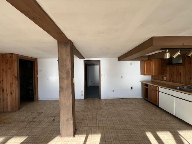 kitchen with sink and wood walls