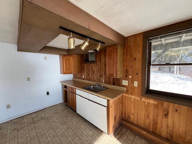 kitchen with wooden walls, hanging light fixtures, and sink