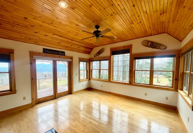 unfurnished sunroom featuring ceiling fan, wood ceiling, and vaulted ceiling