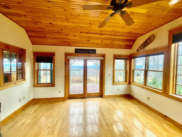 unfurnished sunroom with lofted ceiling, ceiling fan, and wooden ceiling