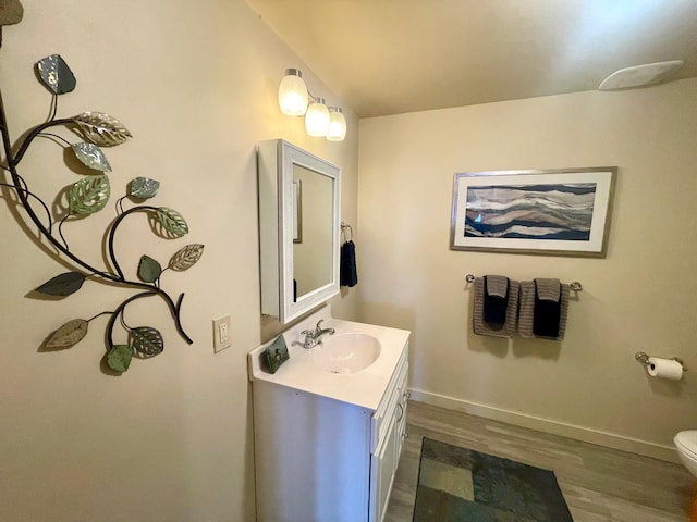 bathroom with vanity, wood-type flooring, and toilet