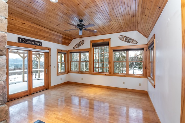 interior space with light hardwood / wood-style floors, vaulted ceiling, ceiling fan, and wood ceiling