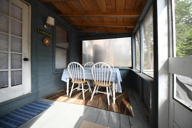 sunroom / solarium featuring vaulted ceiling with beams and wooden ceiling