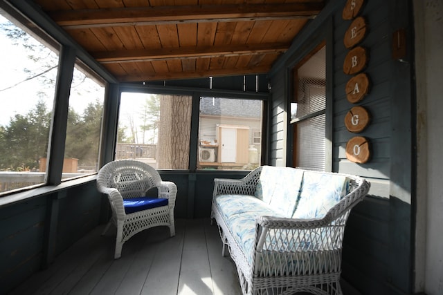 sunroom with vaulted ceiling with beams and wood ceiling