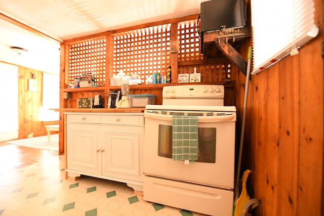 kitchen featuring wooden walls, plenty of natural light, and electric stove