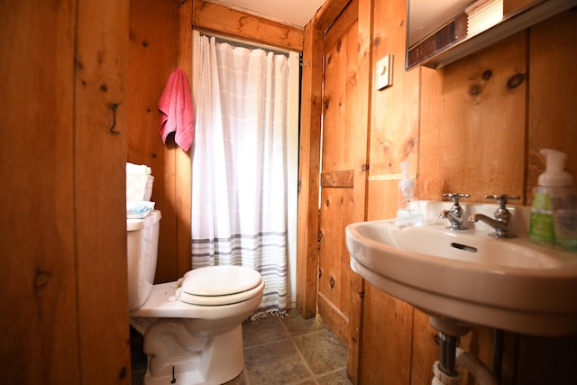 bathroom with wooden walls and toilet