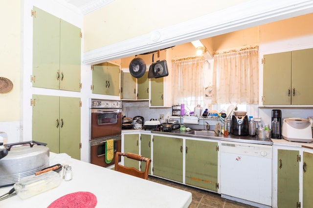 kitchen featuring white dishwasher, stainless steel double oven, tasteful backsplash, and ornamental molding