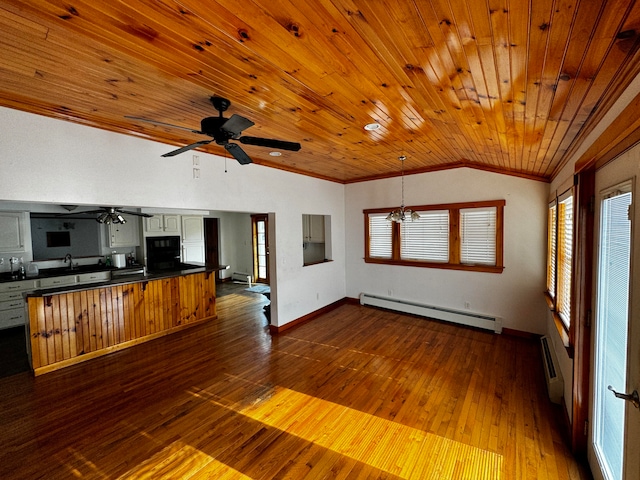 unfurnished living room with lofted ceiling, dark wood-type flooring, wood ceiling, and a baseboard radiator