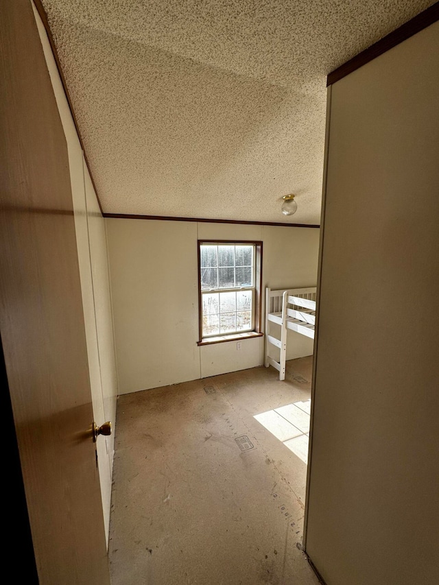 additional living space featuring a textured ceiling and lofted ceiling