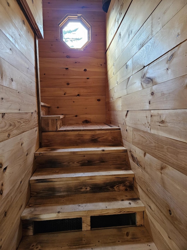 stairs with wooden walls