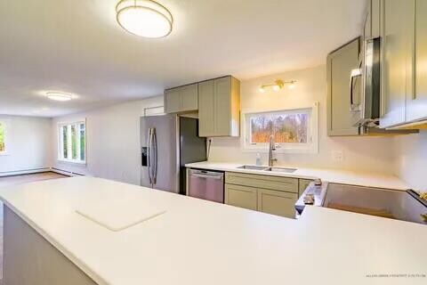 kitchen with sink, kitchen peninsula, and stainless steel appliances