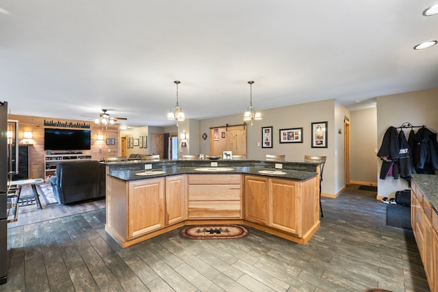 kitchen featuring dark wood-type flooring, decorative light fixtures, a barn door, and a kitchen island