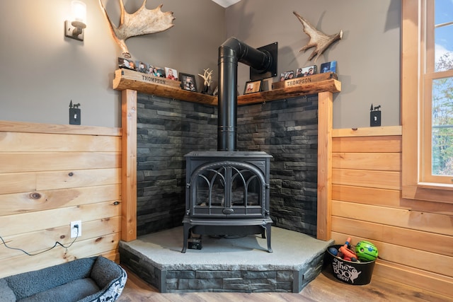 details featuring wood walls, wood-type flooring, and a wood stove