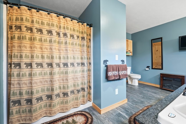 bathroom with walk in shower, wood-type flooring, a textured ceiling, and toilet