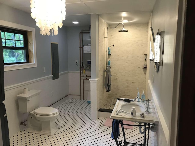 bathroom featuring a sink, a wainscoted wall, toilet, and a walk in shower