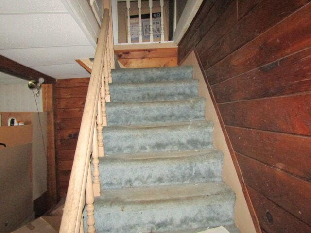 stairway with wooden walls