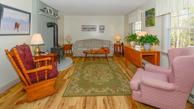 sitting room with wood-type flooring and a wood stove