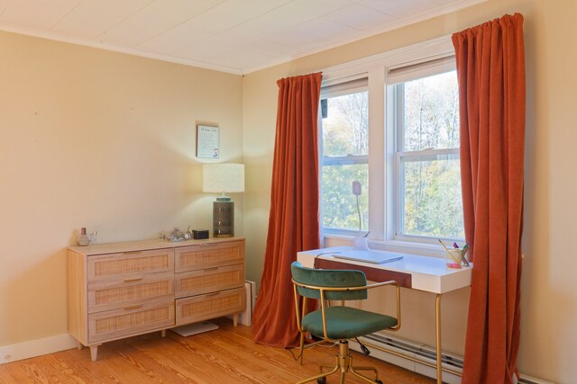 office space featuring ornamental molding, a wealth of natural light, and light hardwood / wood-style floors