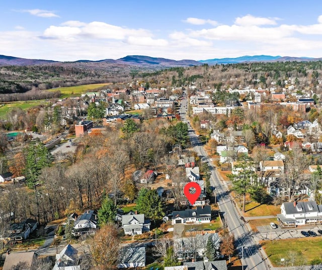 drone / aerial view featuring a mountain view