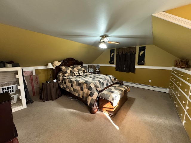 carpeted bedroom featuring lofted ceiling, ceiling fan, and a baseboard heating unit