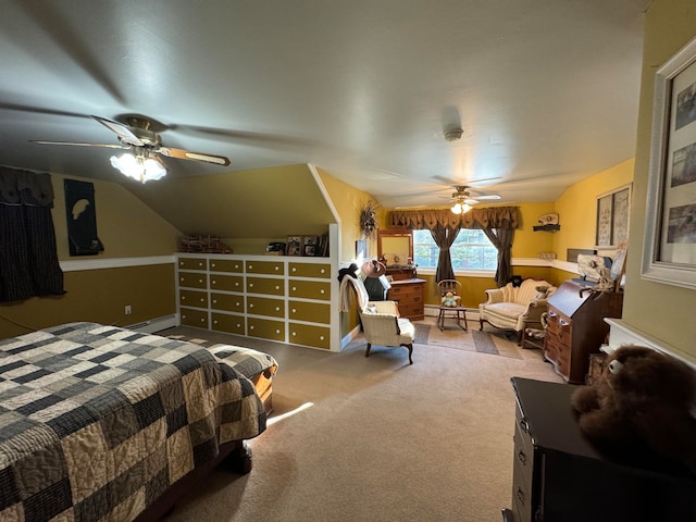 bedroom with carpet, vaulted ceiling, ceiling fan, and a baseboard heating unit