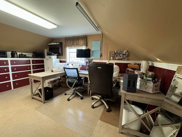 home office featuring vaulted ceiling