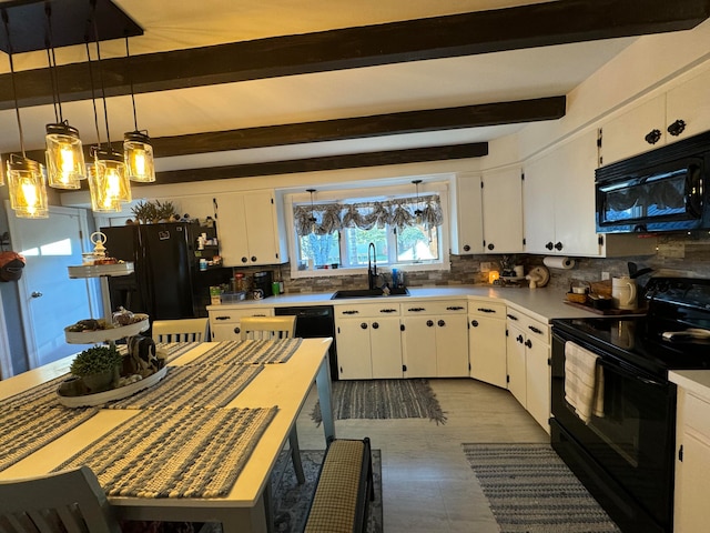 kitchen with white cabinetry, black appliances, beam ceiling, decorative light fixtures, and decorative backsplash