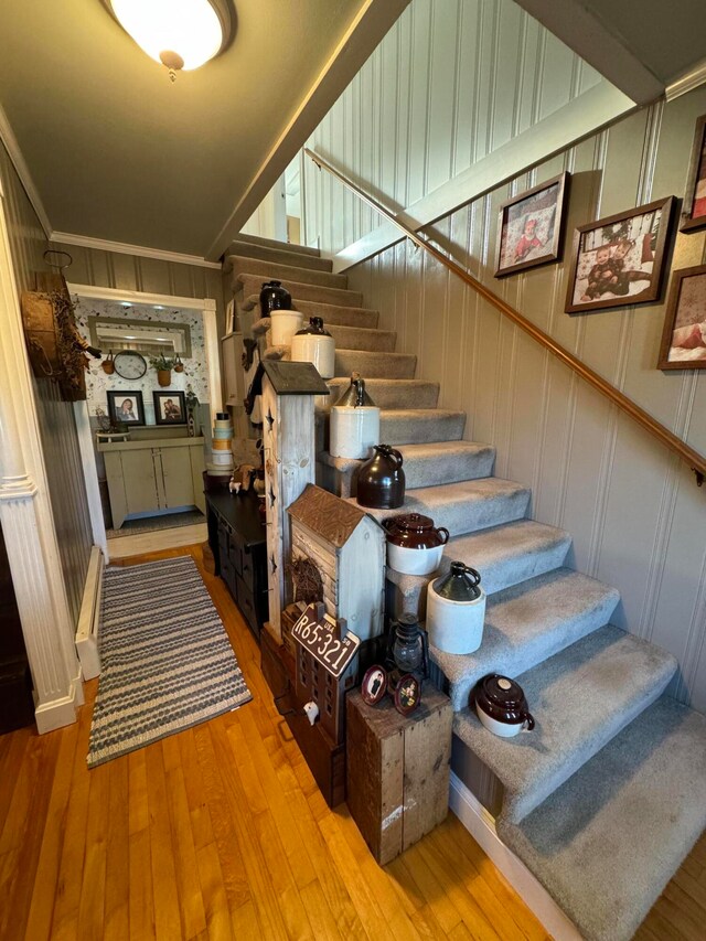 staircase with wood walls and hardwood / wood-style floors