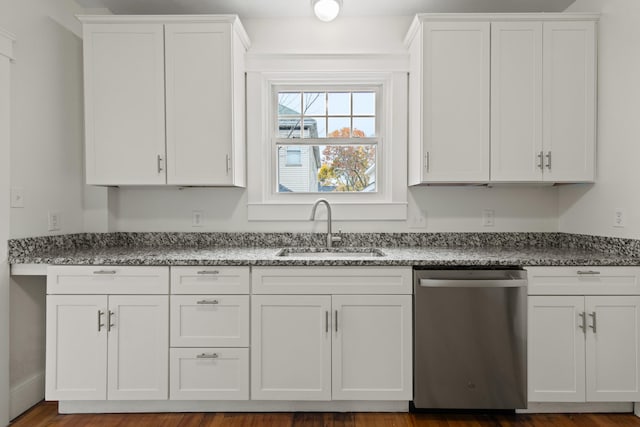 kitchen featuring dishwasher, white cabinetry, and sink