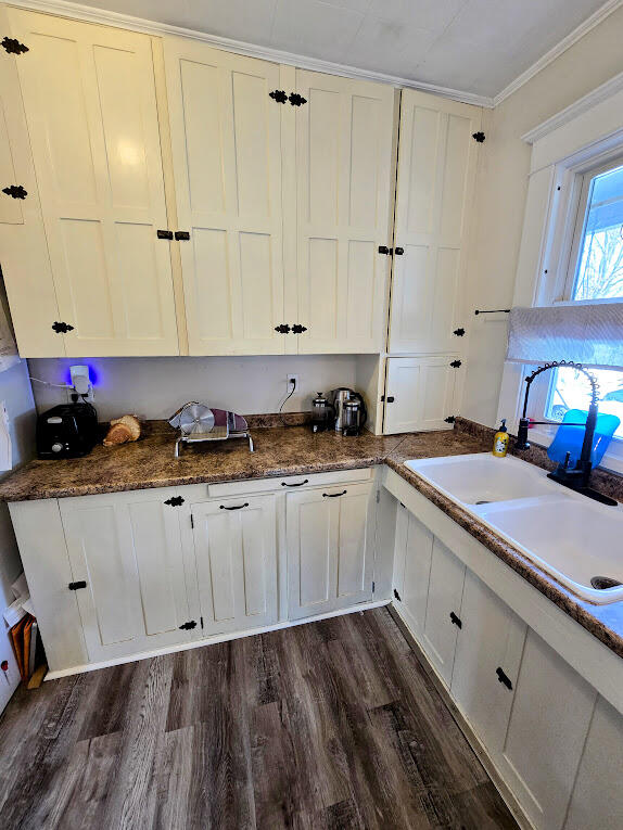 kitchen with white cabinetry, sink, dark hardwood / wood-style floors, crown molding, and pendant lighting