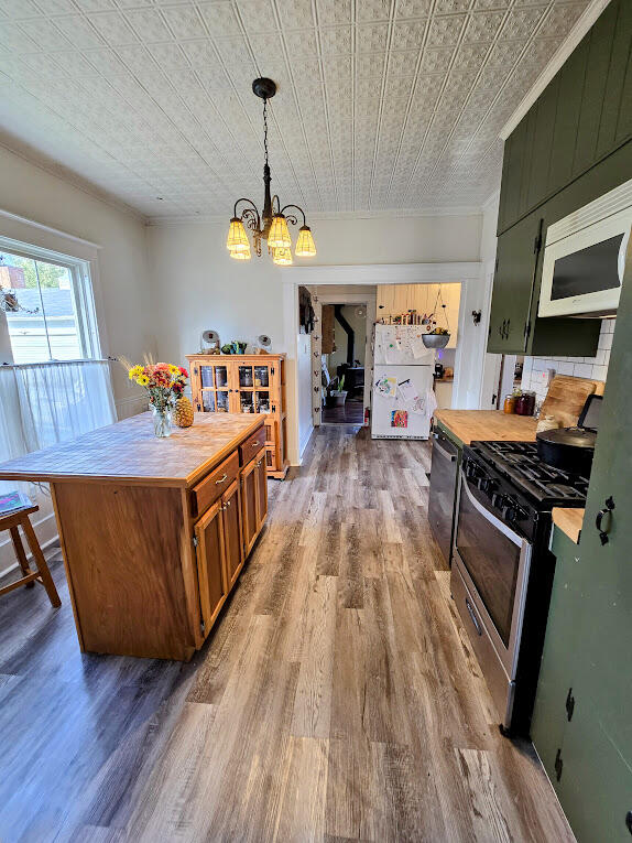 kitchen with appliances with stainless steel finishes, ornamental molding, an inviting chandelier, hanging light fixtures, and wood-type flooring