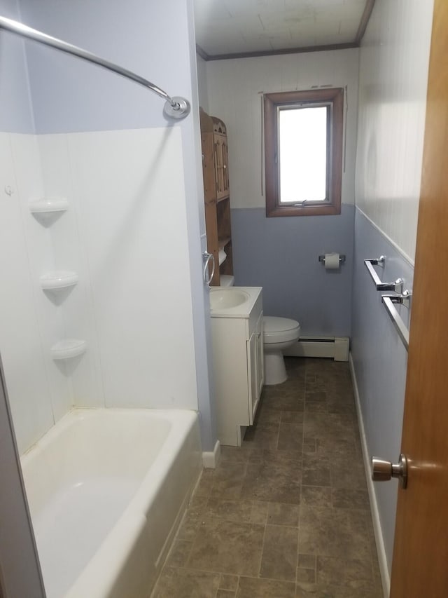 full bathroom with vanity, bathing tub / shower combination, toilet, and a baseboard radiator