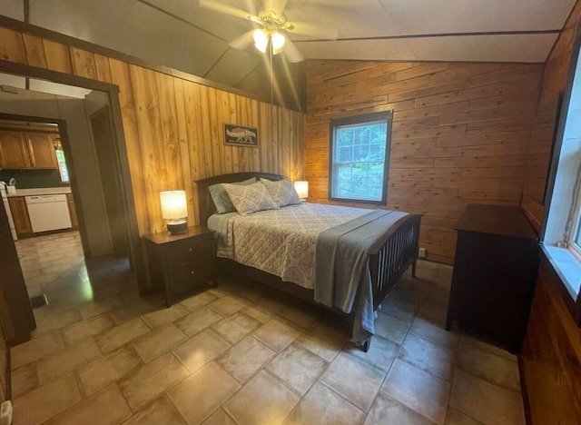 bedroom with wood walls, lofted ceiling, and ceiling fan