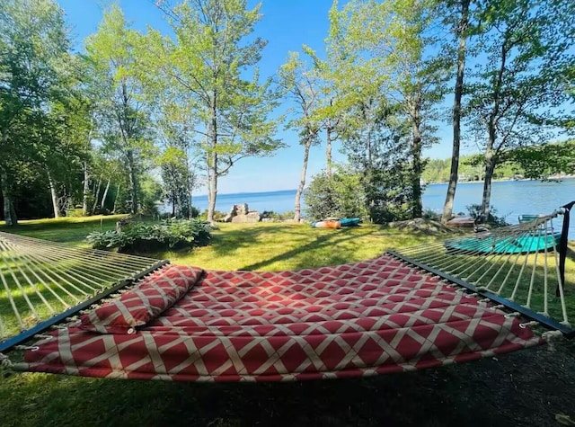 view of community with a yard and a water view