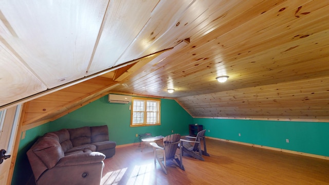 additional living space featuring an AC wall unit, vaulted ceiling, hardwood / wood-style flooring, and wooden ceiling