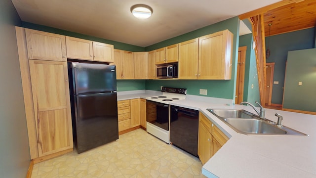 kitchen with light brown cabinets, black appliances, and sink