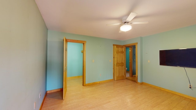 unfurnished bedroom with light hardwood / wood-style floors and ceiling fan