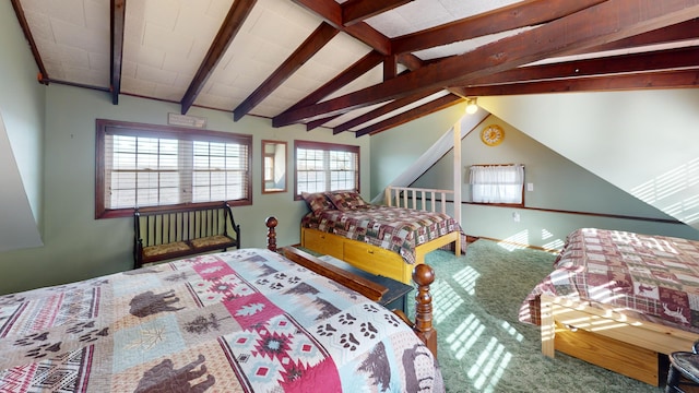 bedroom with lofted ceiling with beams and carpet floors