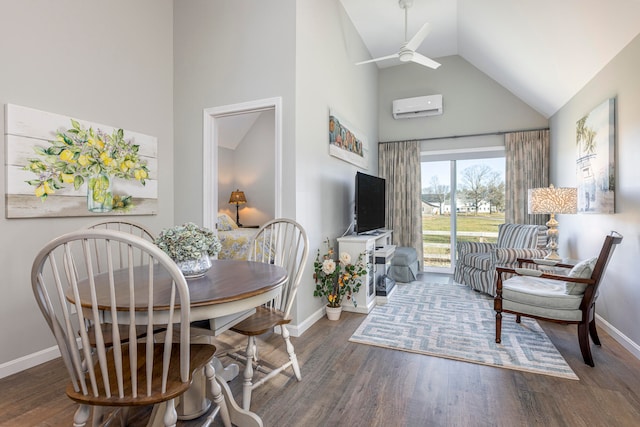 living room featuring ceiling fan, dark hardwood / wood-style flooring, high vaulted ceiling, and a wall mounted air conditioner