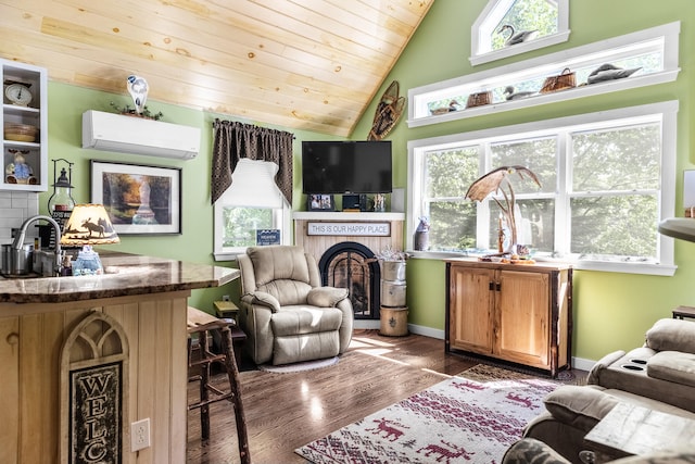 living room with dark wood-type flooring, vaulted ceiling, a wall mounted air conditioner, and wooden ceiling