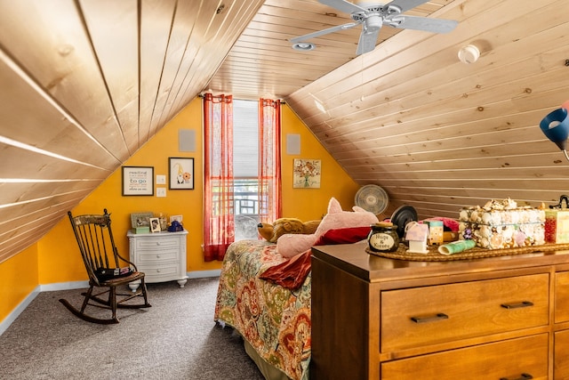 bedroom with dark colored carpet, ceiling fan, vaulted ceiling, and wooden ceiling