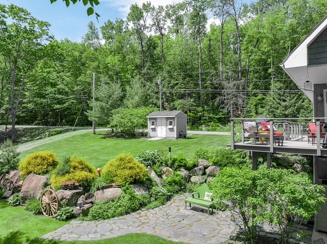 view of yard featuring a shed and a patio