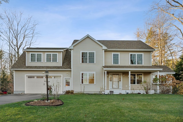 view of front of property featuring a front lawn, a porch, and a garage