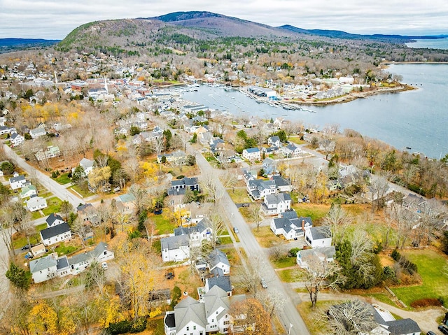 drone / aerial view with a water and mountain view