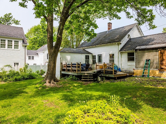 97 Chestnut St, Camden, ME 04843 - rear view of property featuring a chimney and a deck