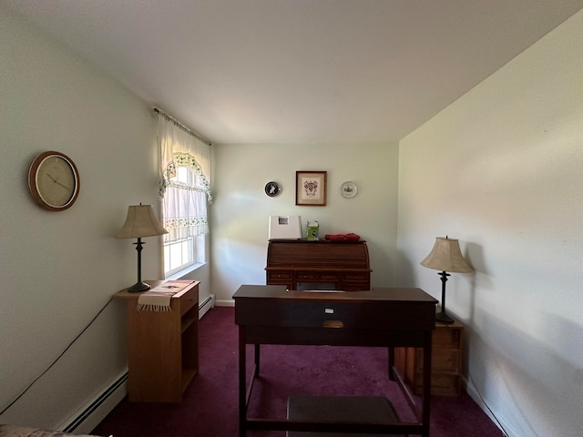 carpeted home office featuring baseboard heating