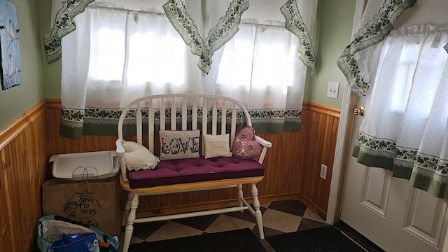 bedroom with wood walls and multiple windows