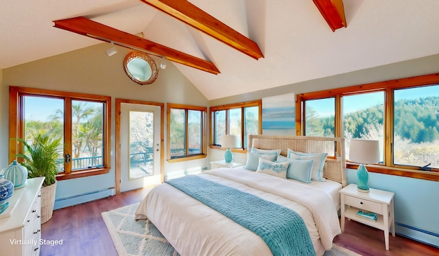 bedroom with hardwood / wood-style flooring, baseboard heating, beam ceiling, and access to outside